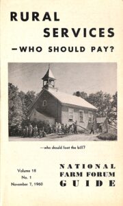 Canadian Farm Forum program detail which reads "Rural Services, who should pay?" With an image of a church