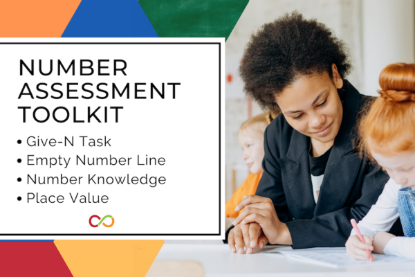 An image of an educator working with a student on a math assessment. To the left, the image reads "Number Assessment Toolkit, including Give-N Test, Number Knowledge, Empty Number Line and Place Value
