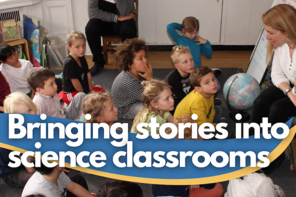 Feature image for "Bringing stories into science classrooms" blog. An image of a teacher reading to her class